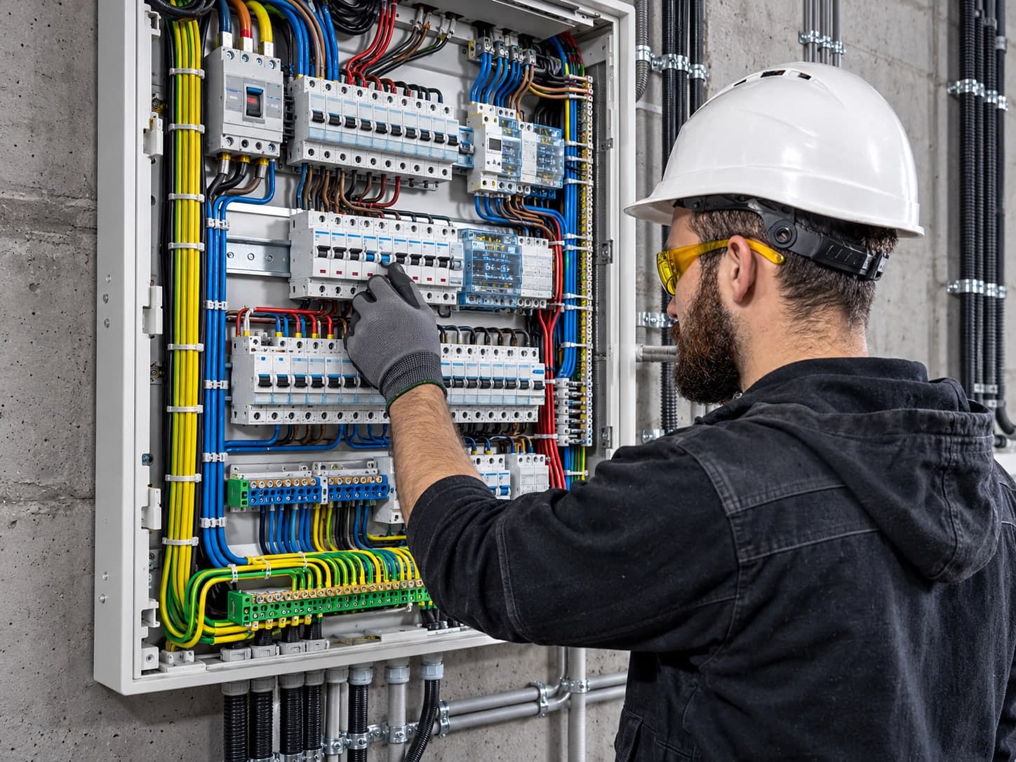 Electrician in a hard hat working on circuit breakers inside a wired distribution board