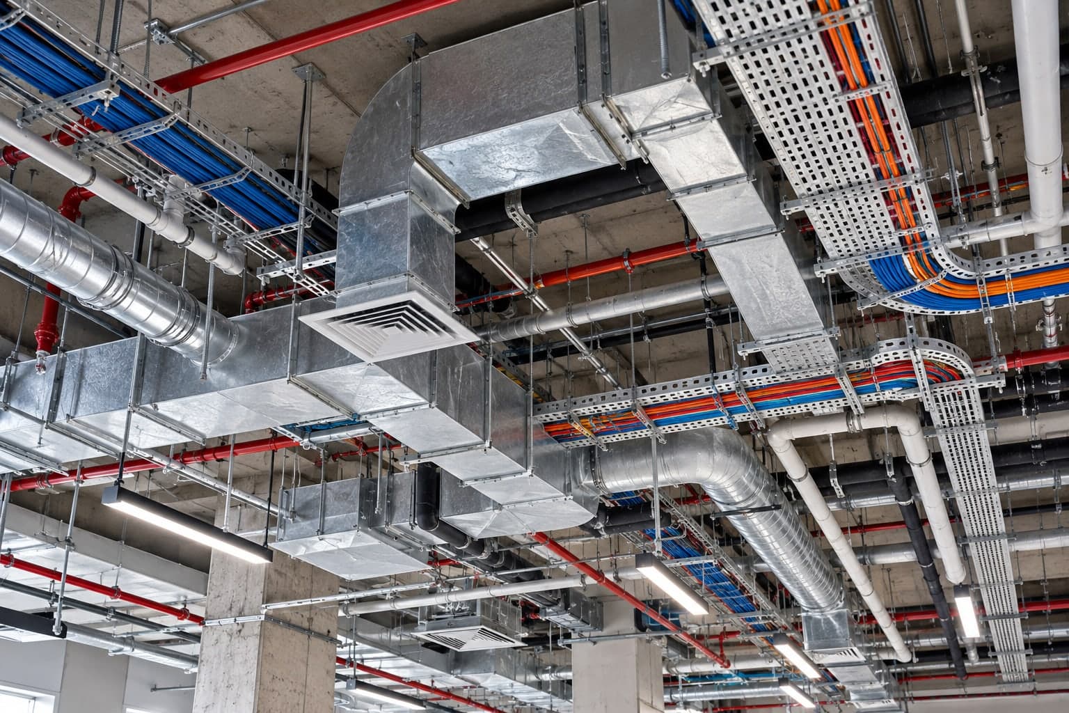 Galvanised supply ductwork with a ceiling diffuser, run alongside sprinkler pipes and cable trays beneath a concrete slab