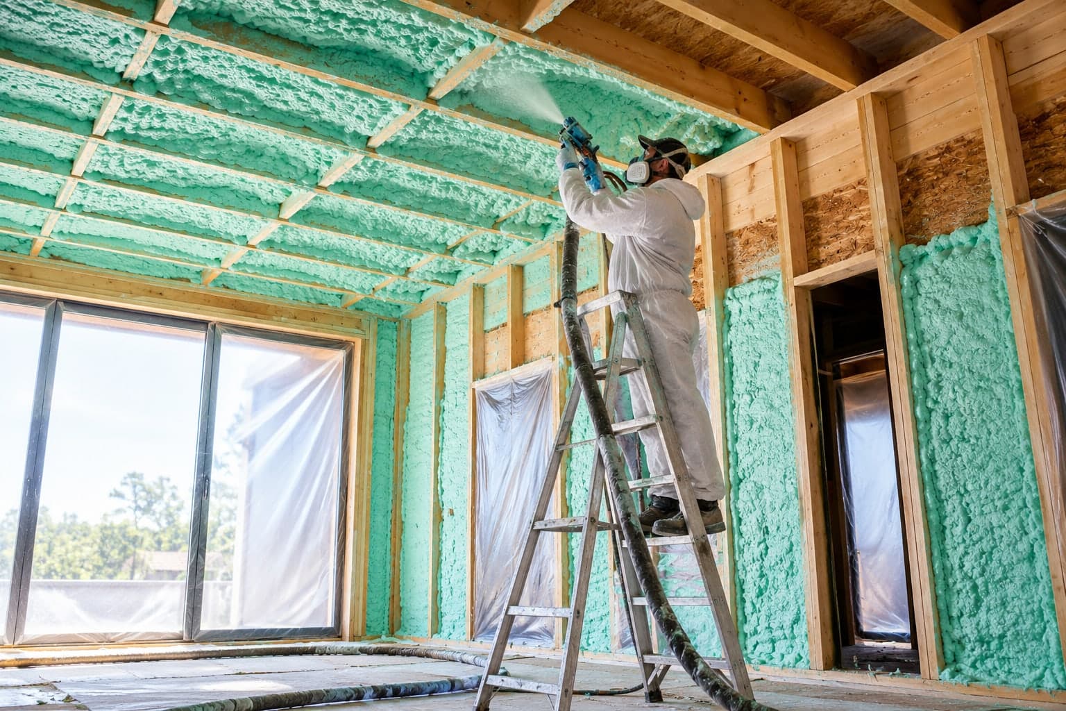 Installer spraying foam insulation between timber ceiling joists and wall studs