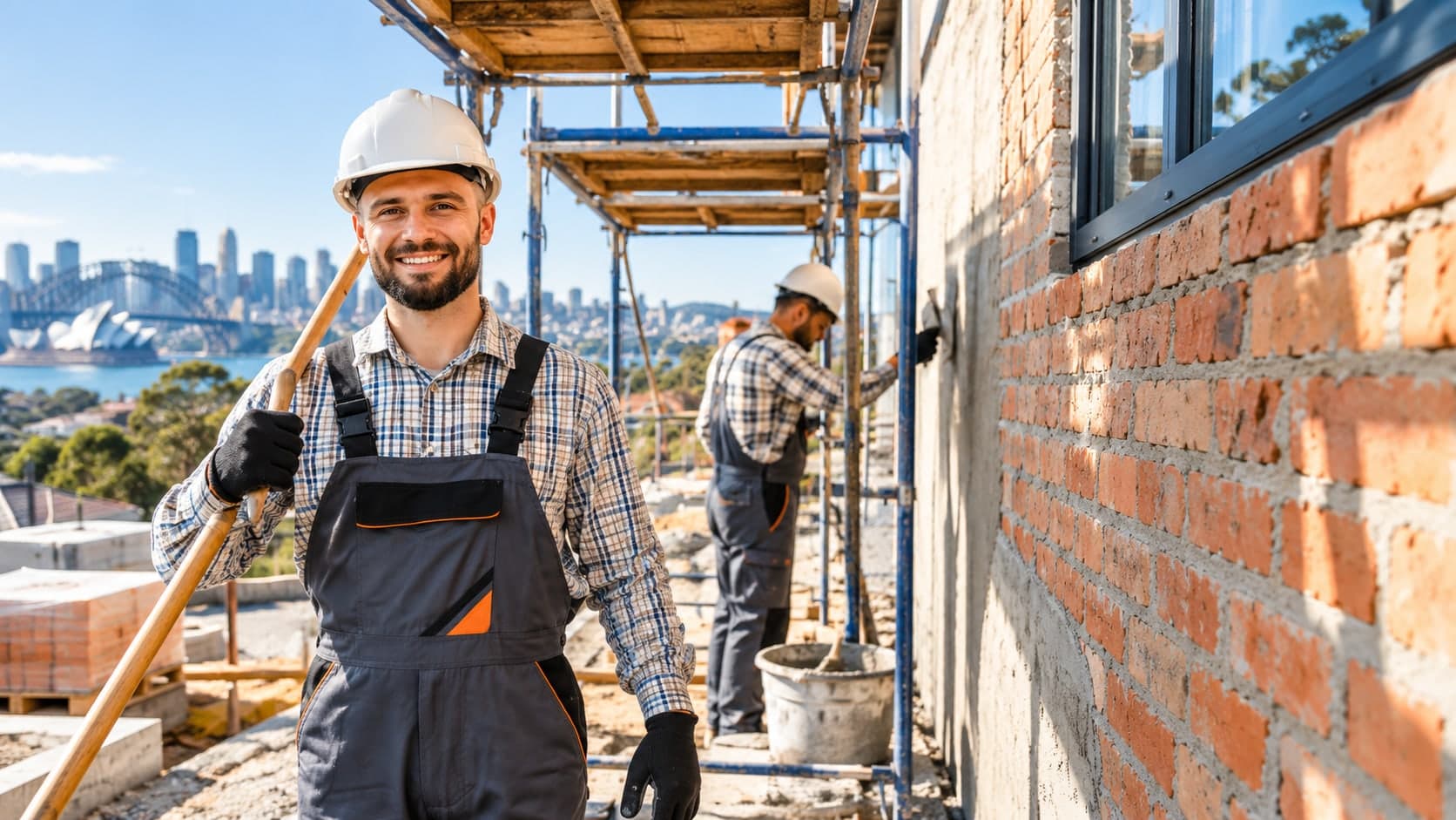 Bricklayer on a residential site beside a new brick wall and scaffolding, with the city skyline behind