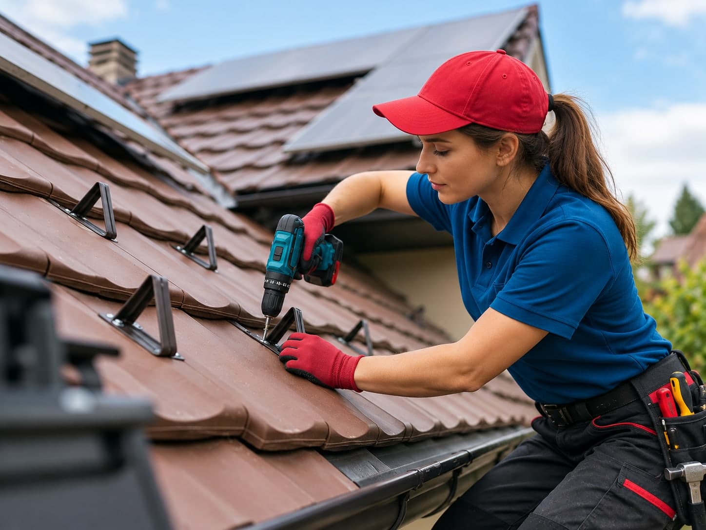 Roofer fixing brackets to a tiled pitched roof beside the gutter line