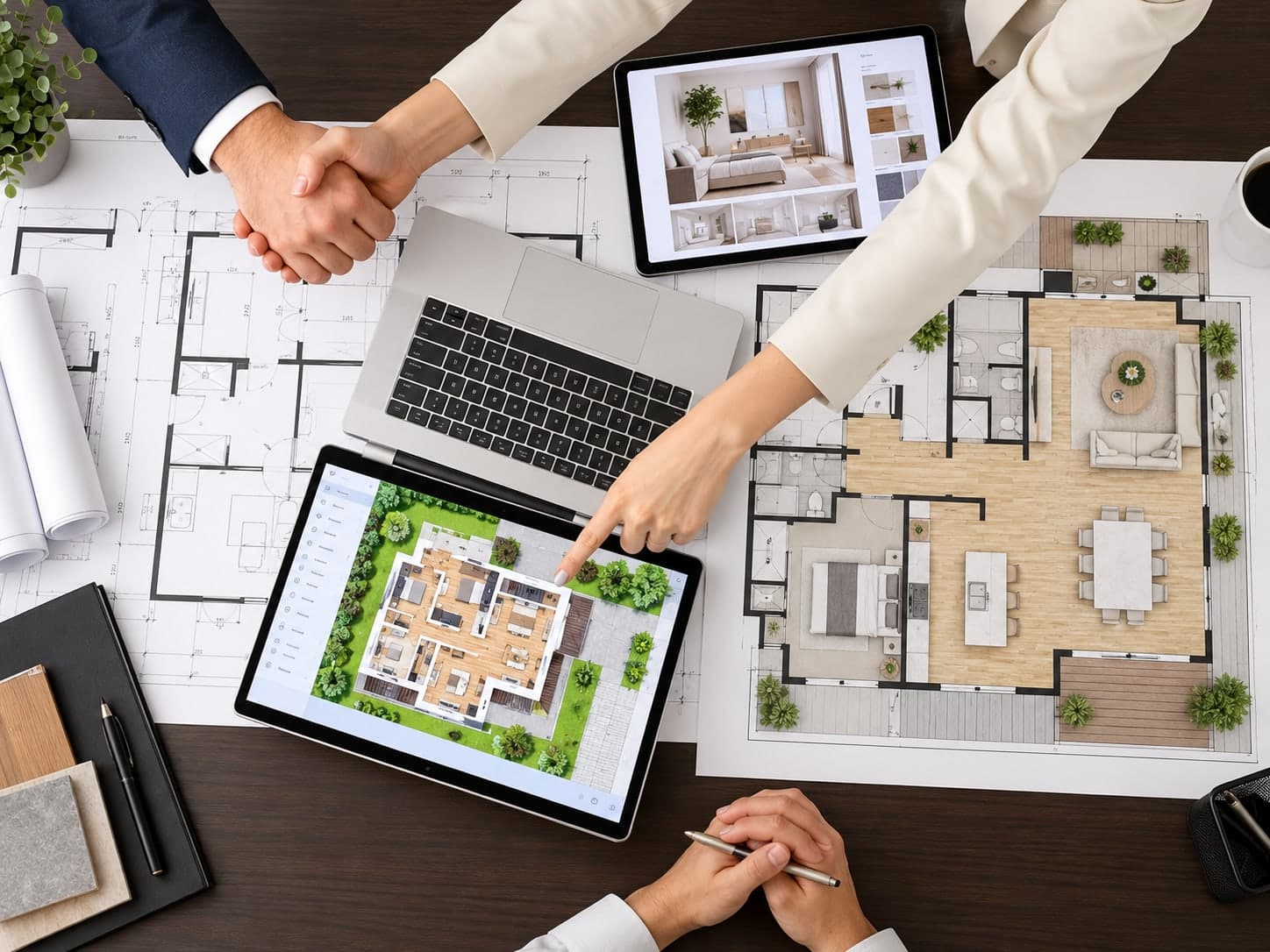 Project team shaking hands over floor plans, a laptop and tablet showing a site layout