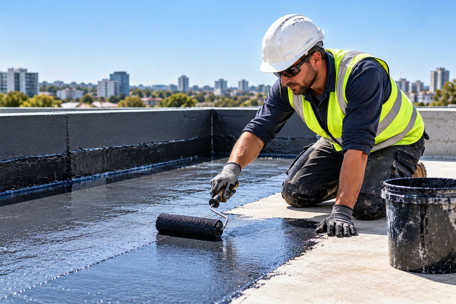 Applicator rolling a liquid waterproofing membrane across a flat roof, with upturns at the parapet