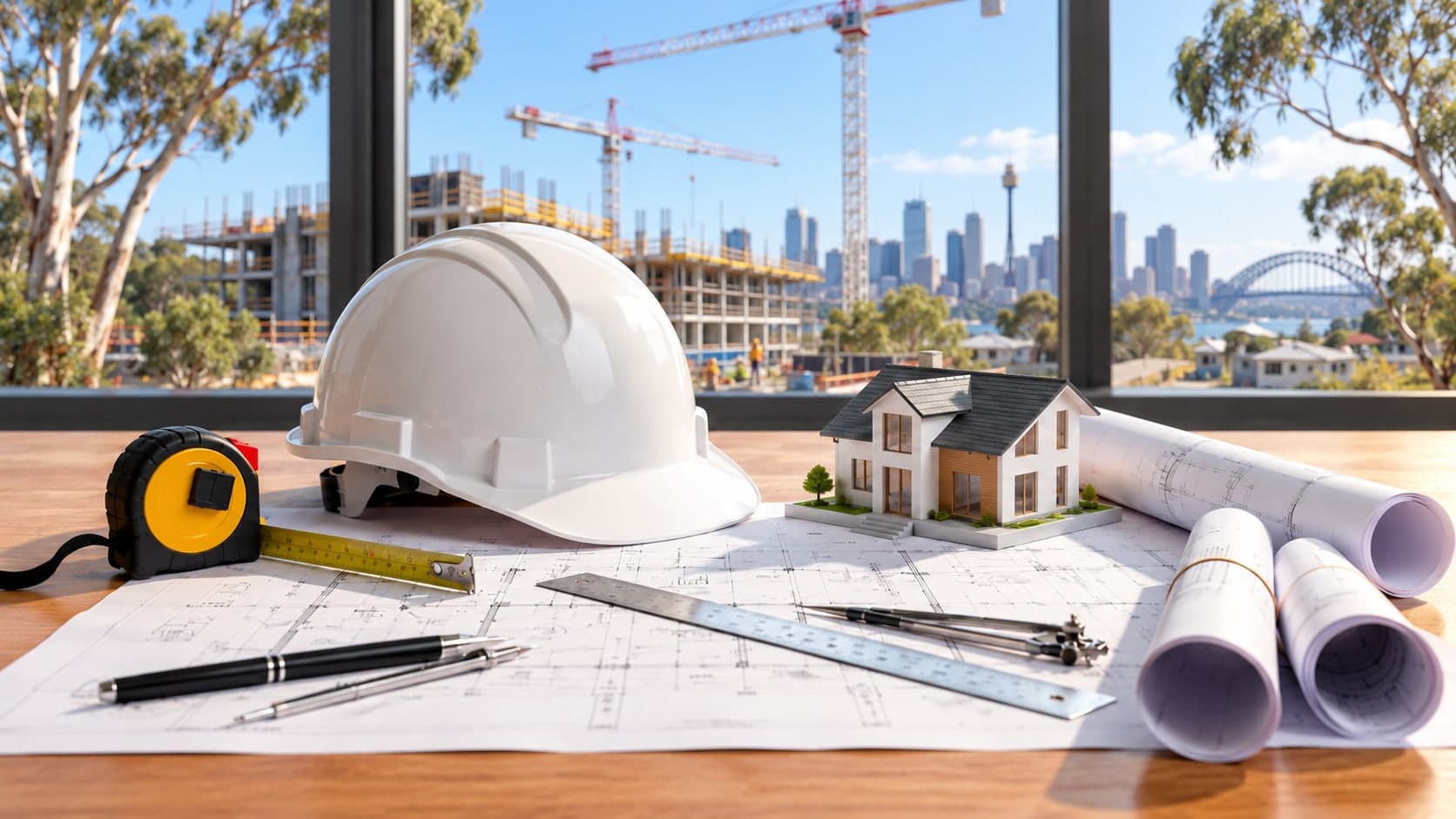 Hard hat, tape measure and architectural plans on a desk overlooking city construction cranes