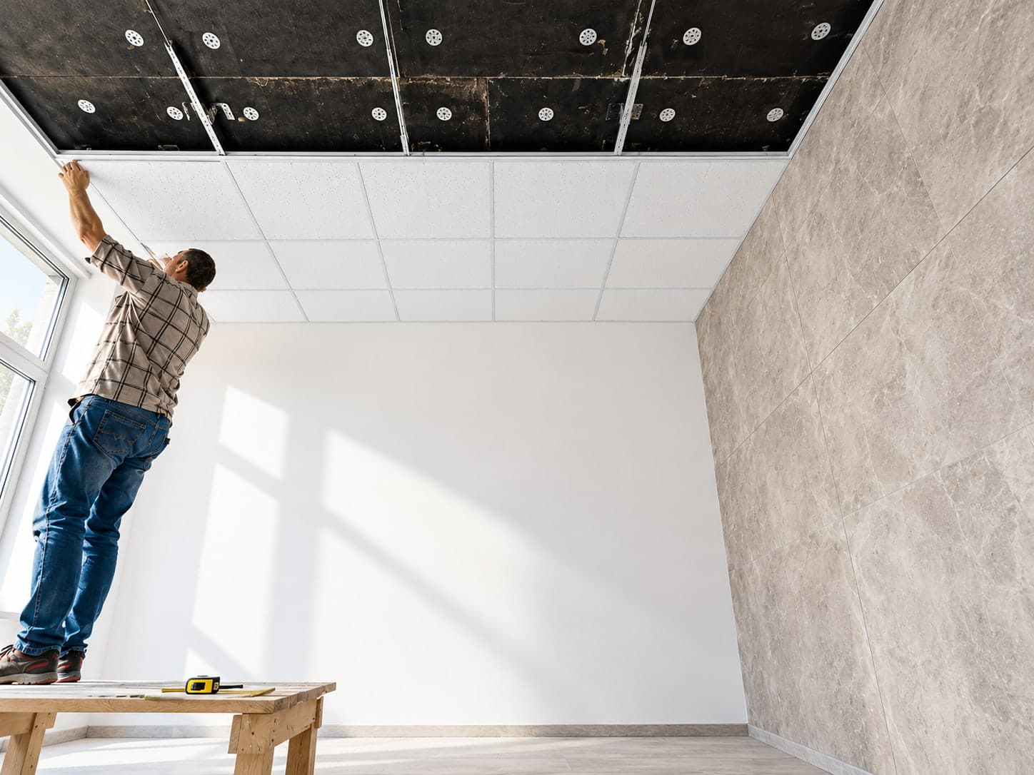 Installer on a trestle fitting suspended ceiling tiles into a grid beneath insulation