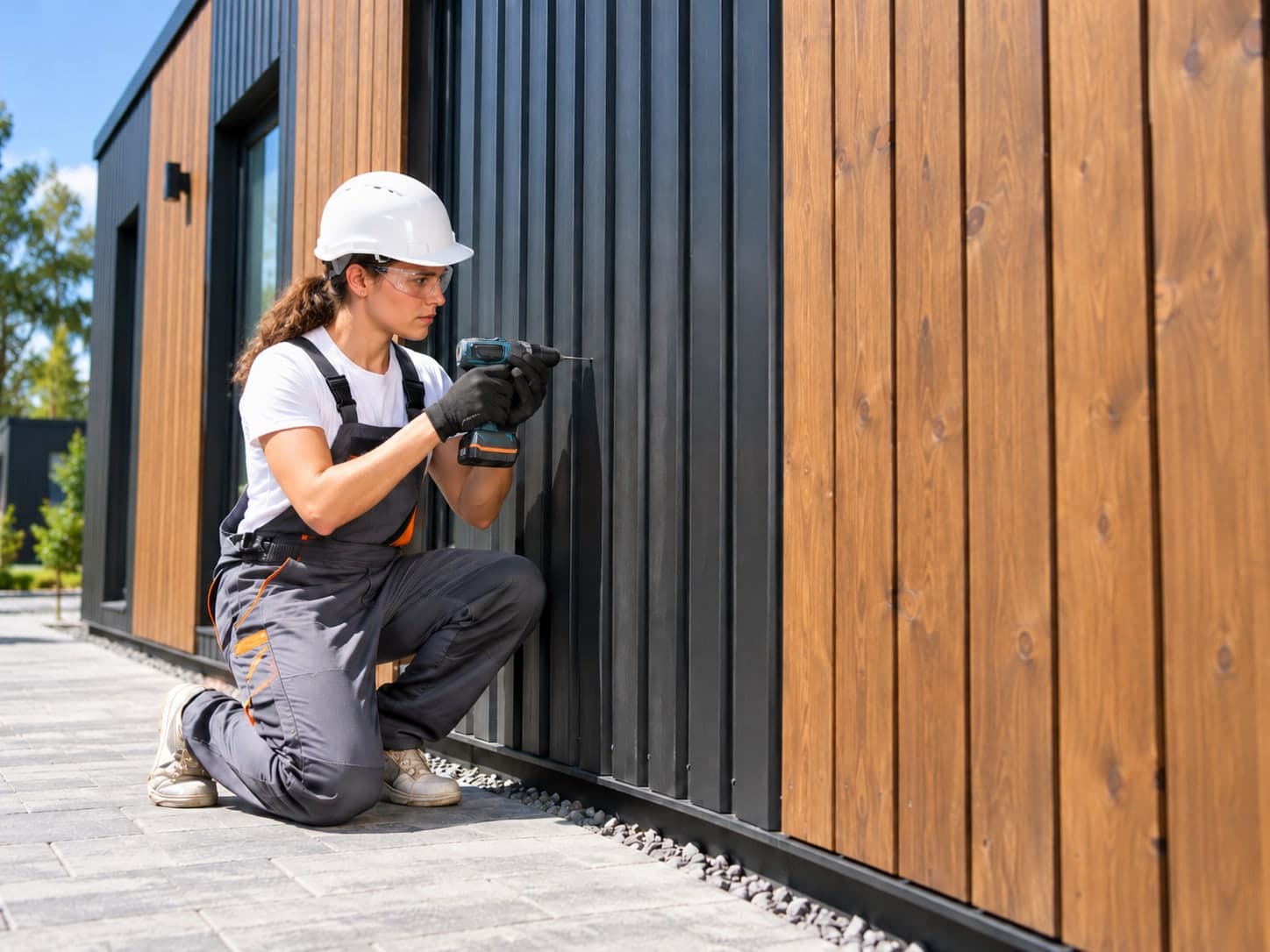 Installer fixing black metal cladding beside vertical timber cladding on a modern building