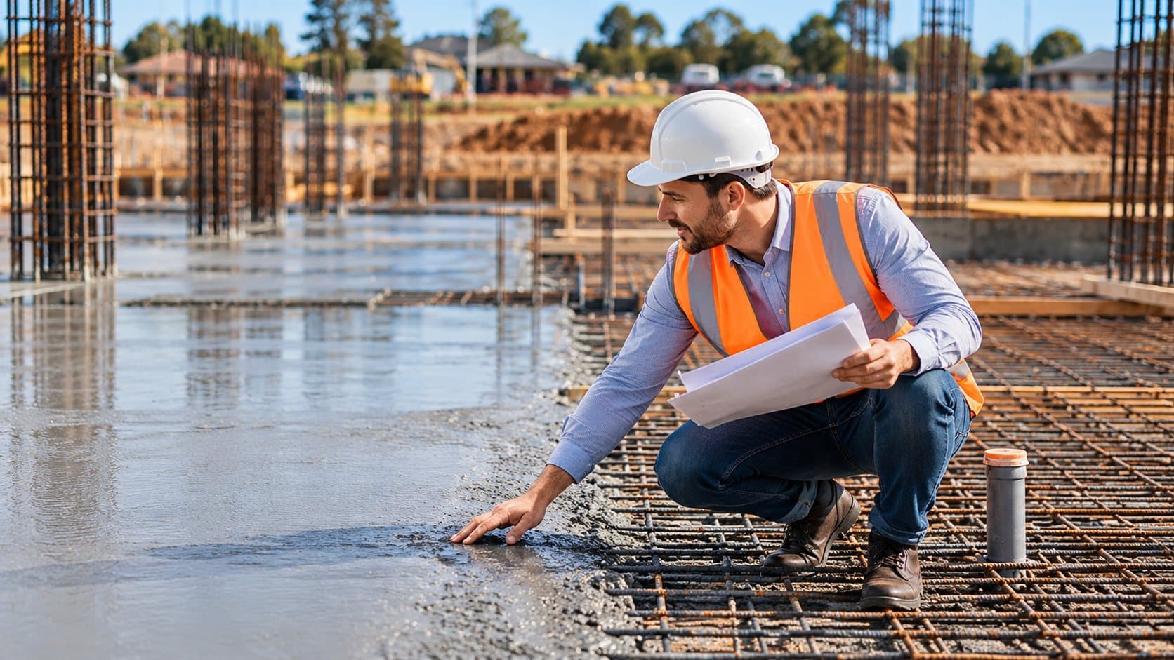 Site engineer checking a fresh concrete pour beside reinforcement mesh and column cages