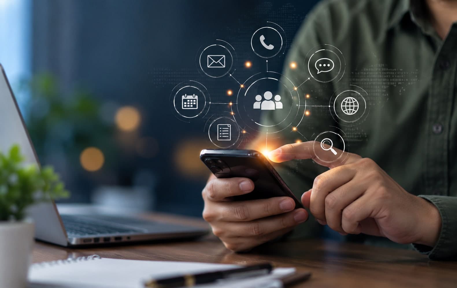 Person using a smartphone with contact icons for phone, email, chat and calendar floating above the screen