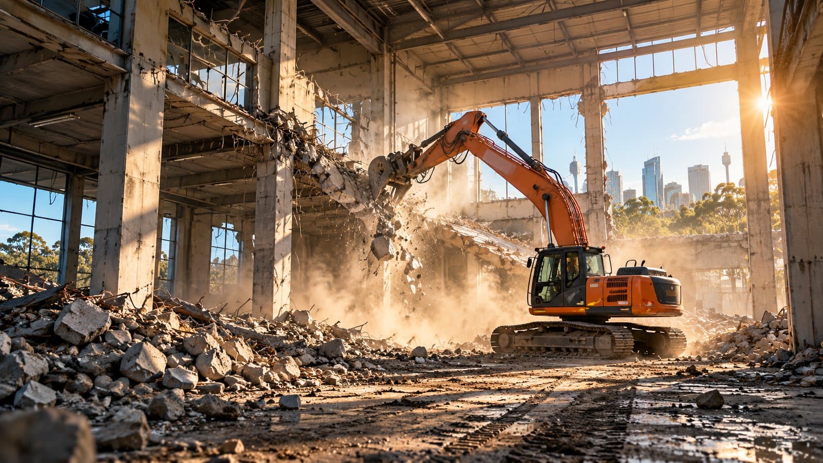 Excavator demolishing a concrete-framed building on a city site