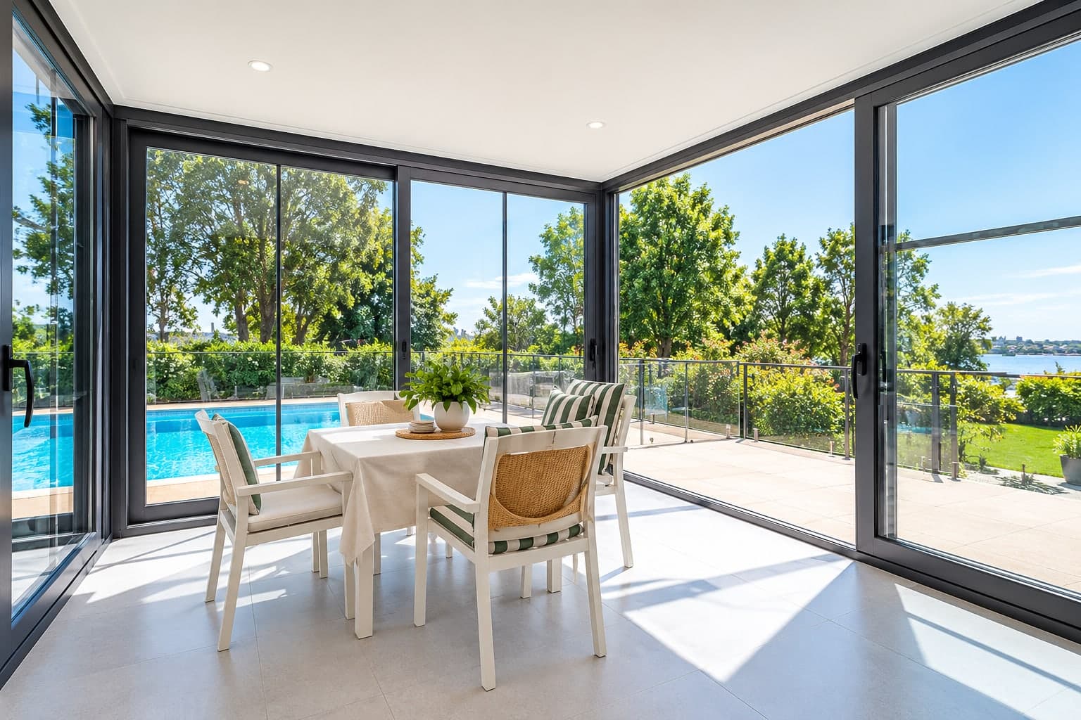 Glass room with full-height aluminium sliding doors opening onto a pool terrace