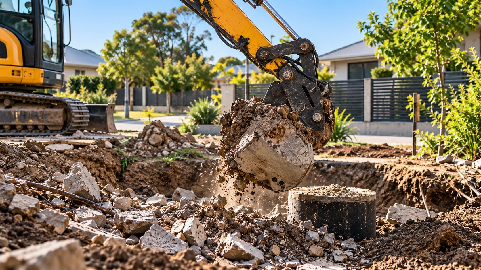Excavator bucket lifting soil and rubble from an excavated residential site