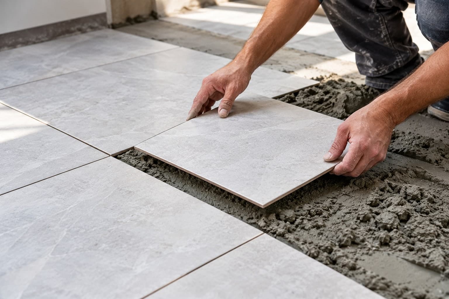 Tiler setting a large-format stone-look floor tile into a mortar bed