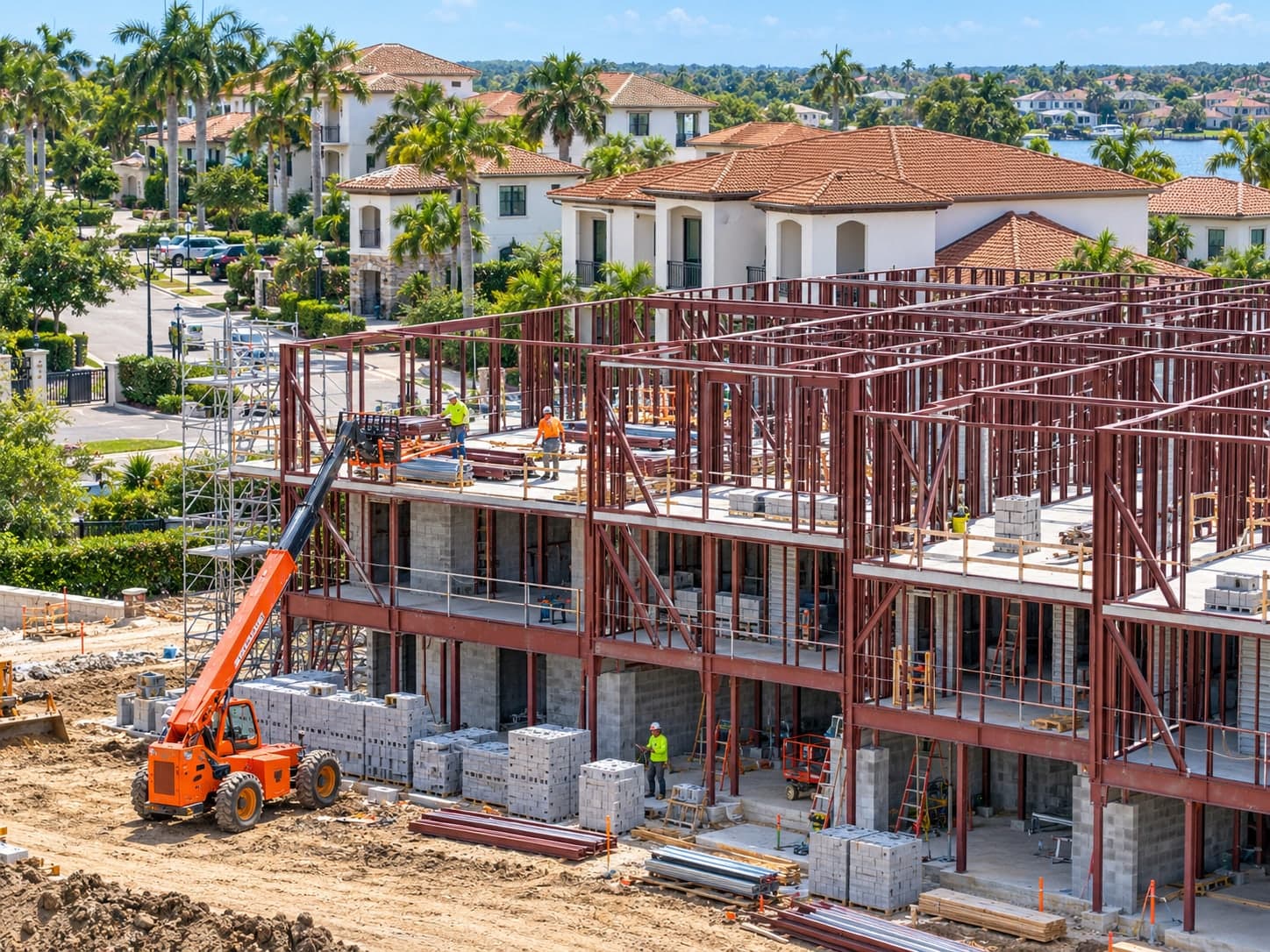 Light steel framing going up on a multi-storey residential build, with a telehandler and blockwork on site