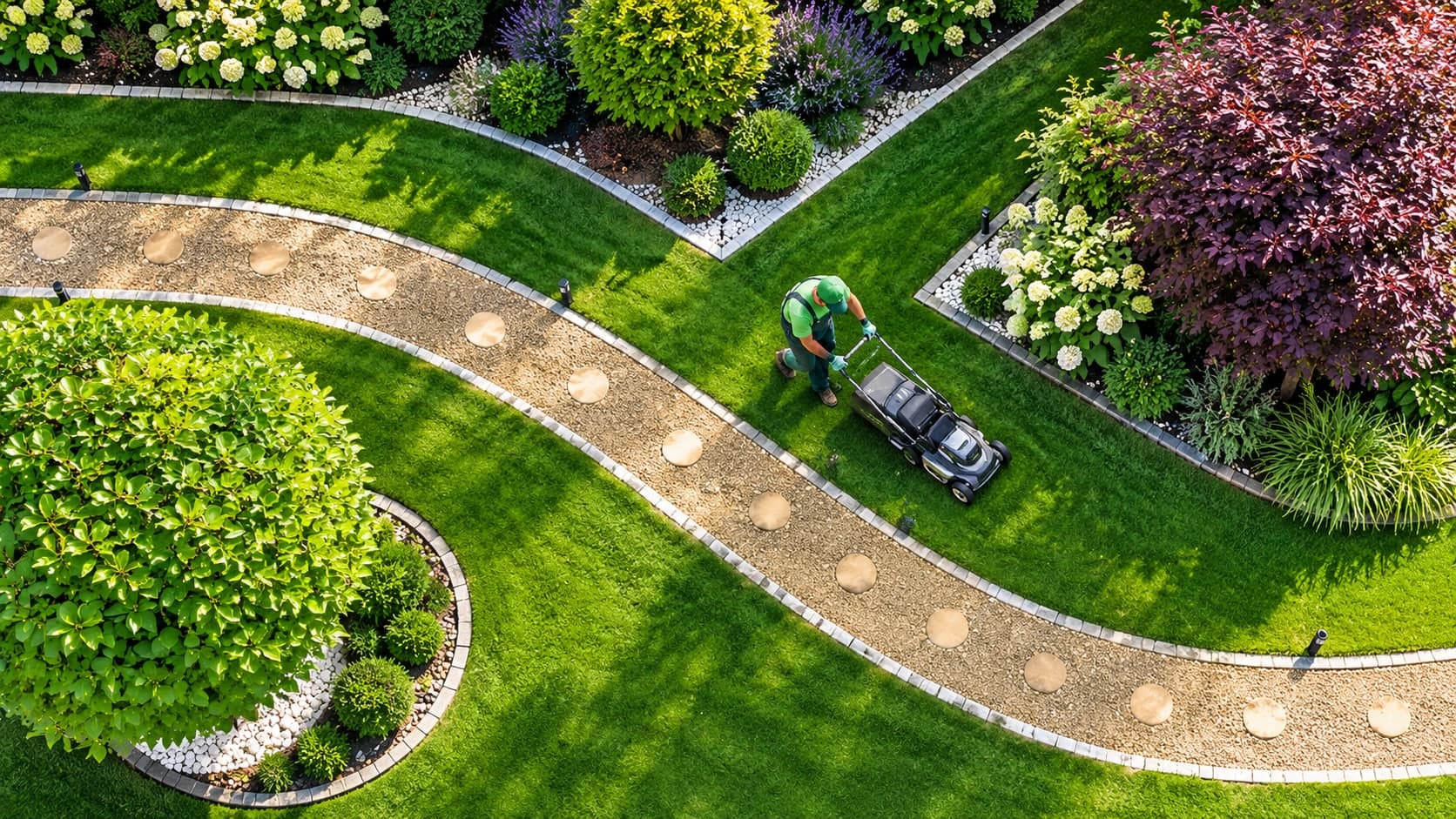Aerial view of a landscaped garden with lawn, planted beds, edged gravel path with stepping stones and a gardener mowing