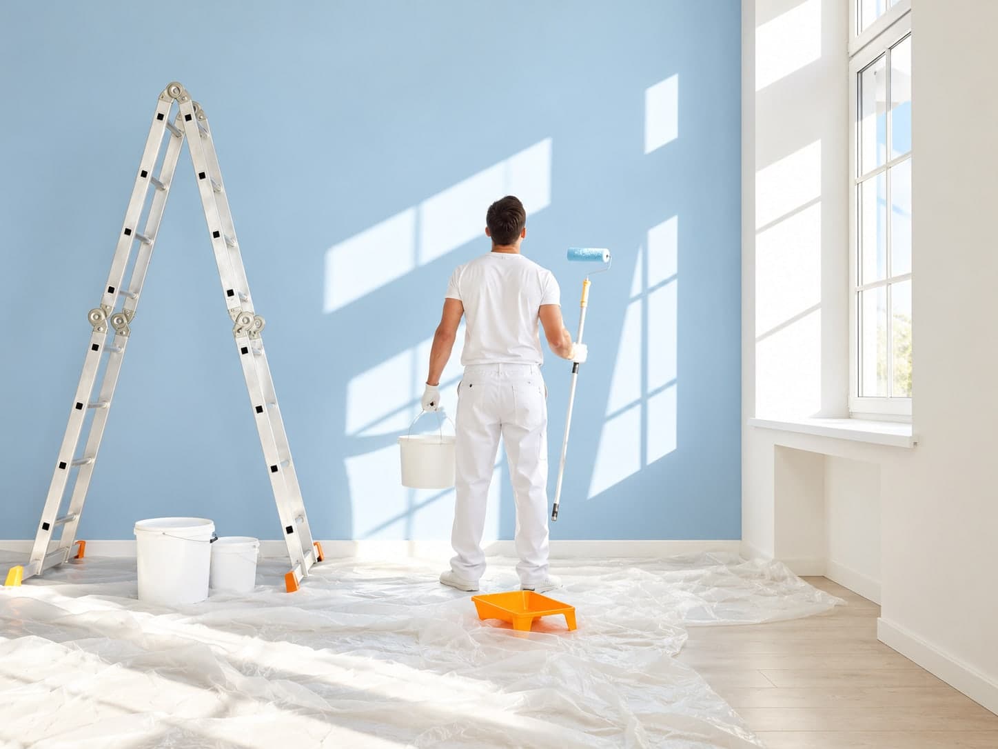 Painter with roller and bucket finishing a light blue feature wall in a bright room