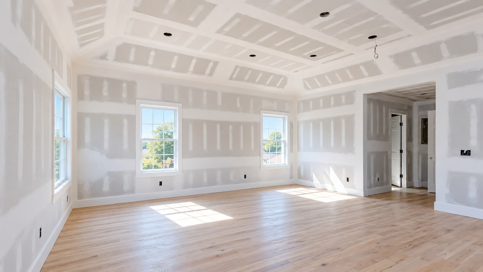 Newly plastered room with set joints on walls and a coffered ceiling, ready for painting