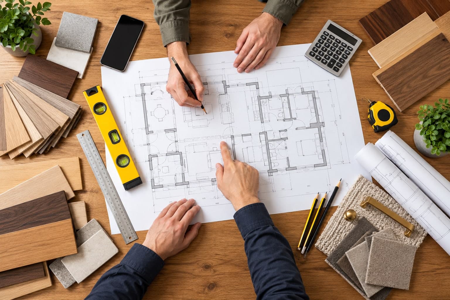 Two estimators marking up a floor plan on a desk with a calculator, tape measure, level and material samples
