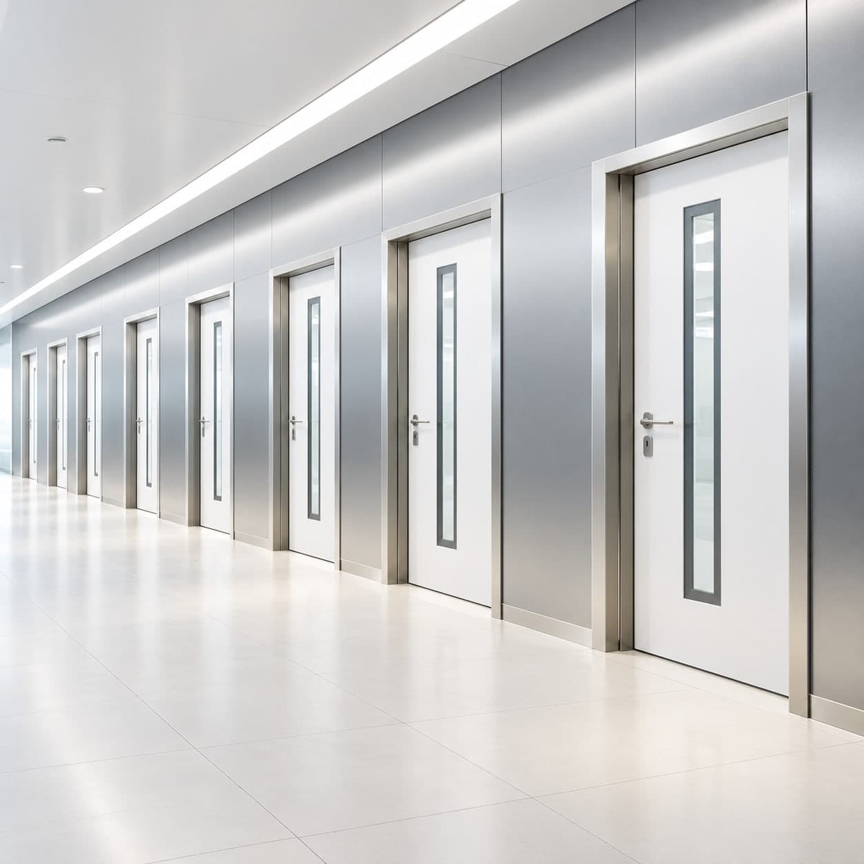 Commercial corridor lined with vision-panel doors in stainless steel frames